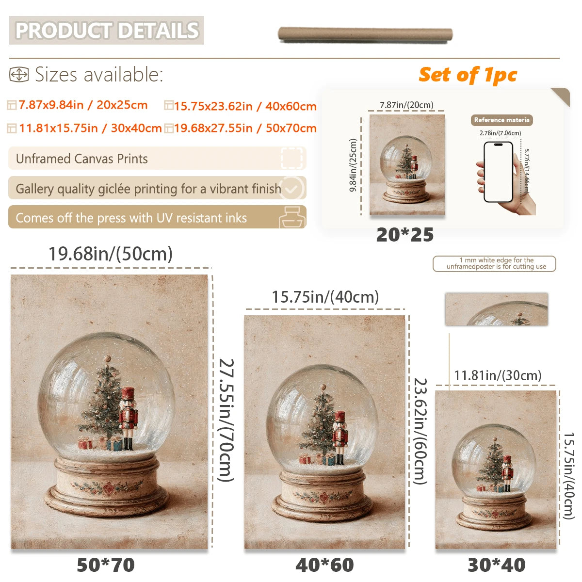 Size guide showing available dimensions for the nutcracker crystal globe canvas