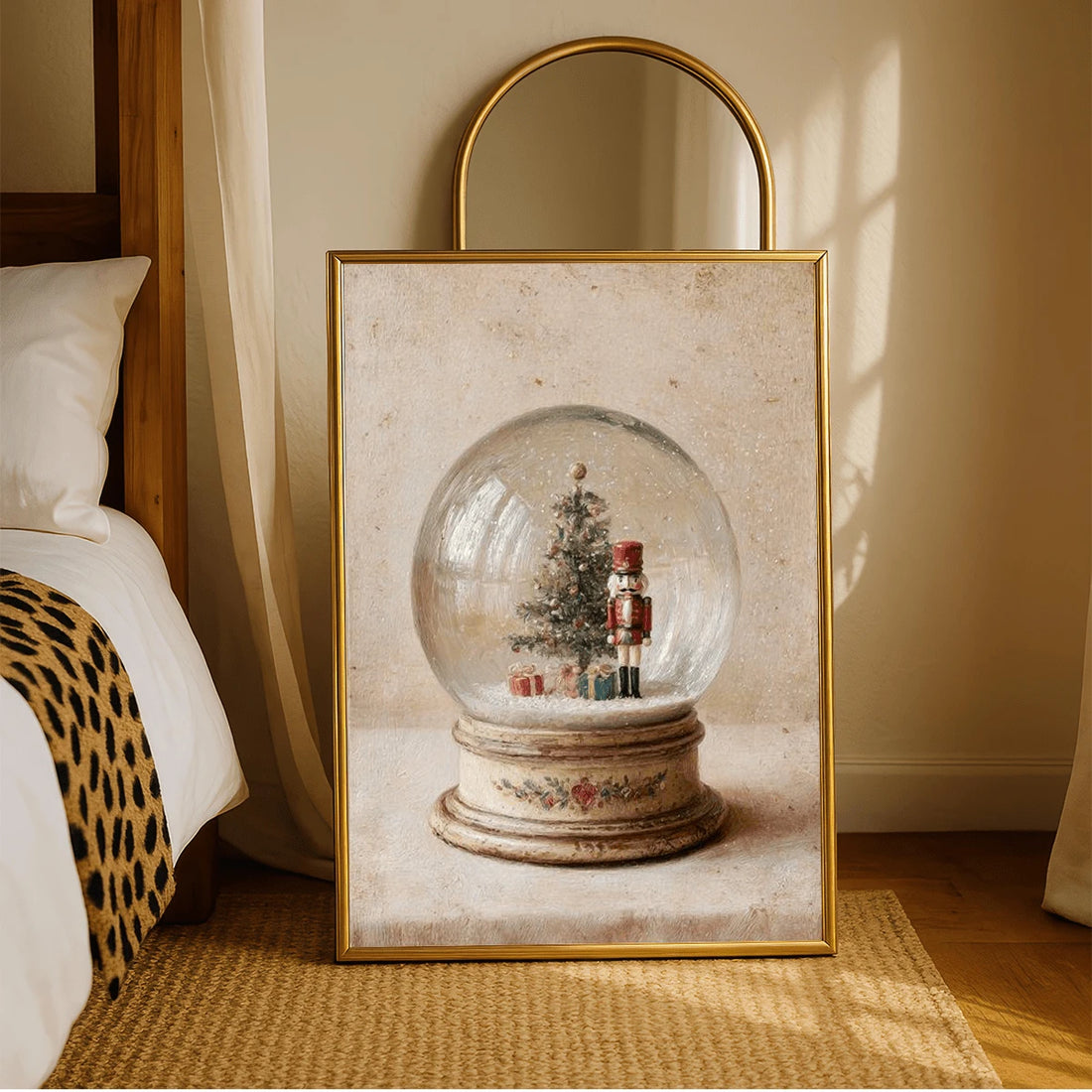 Vintage nutcracker standing inside a crystal snow globe on Christmas canvas art