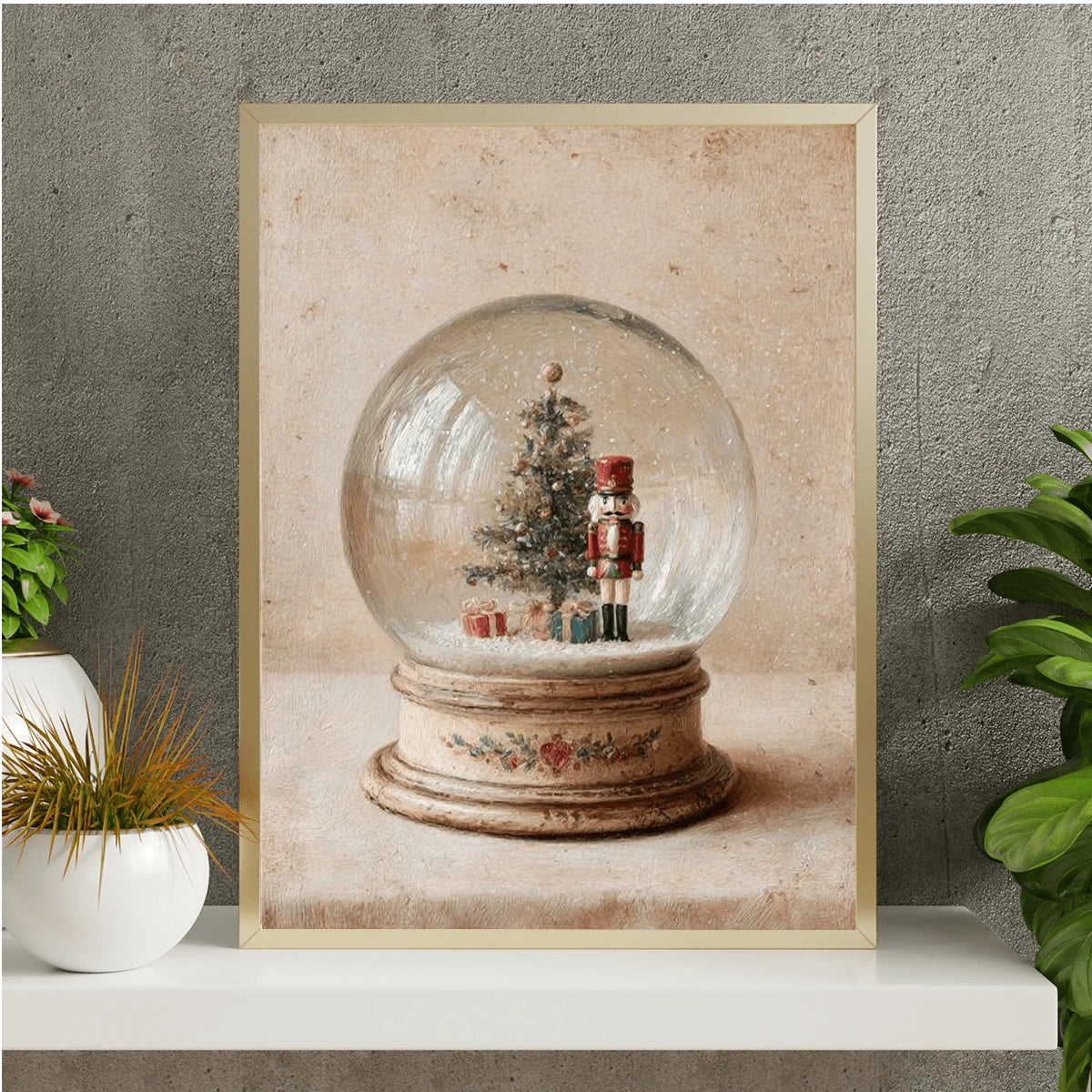 Framed Christmas snow globe artwork displayed in a warm living space