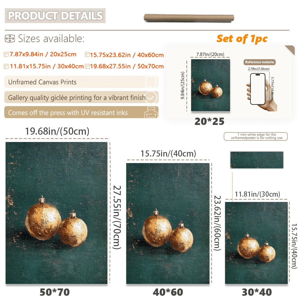 Canvas product details image showing gold ornament artwork and available sizes