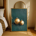Gold bauble holiday canvas displayed beside a bed in a neutral bedroom
