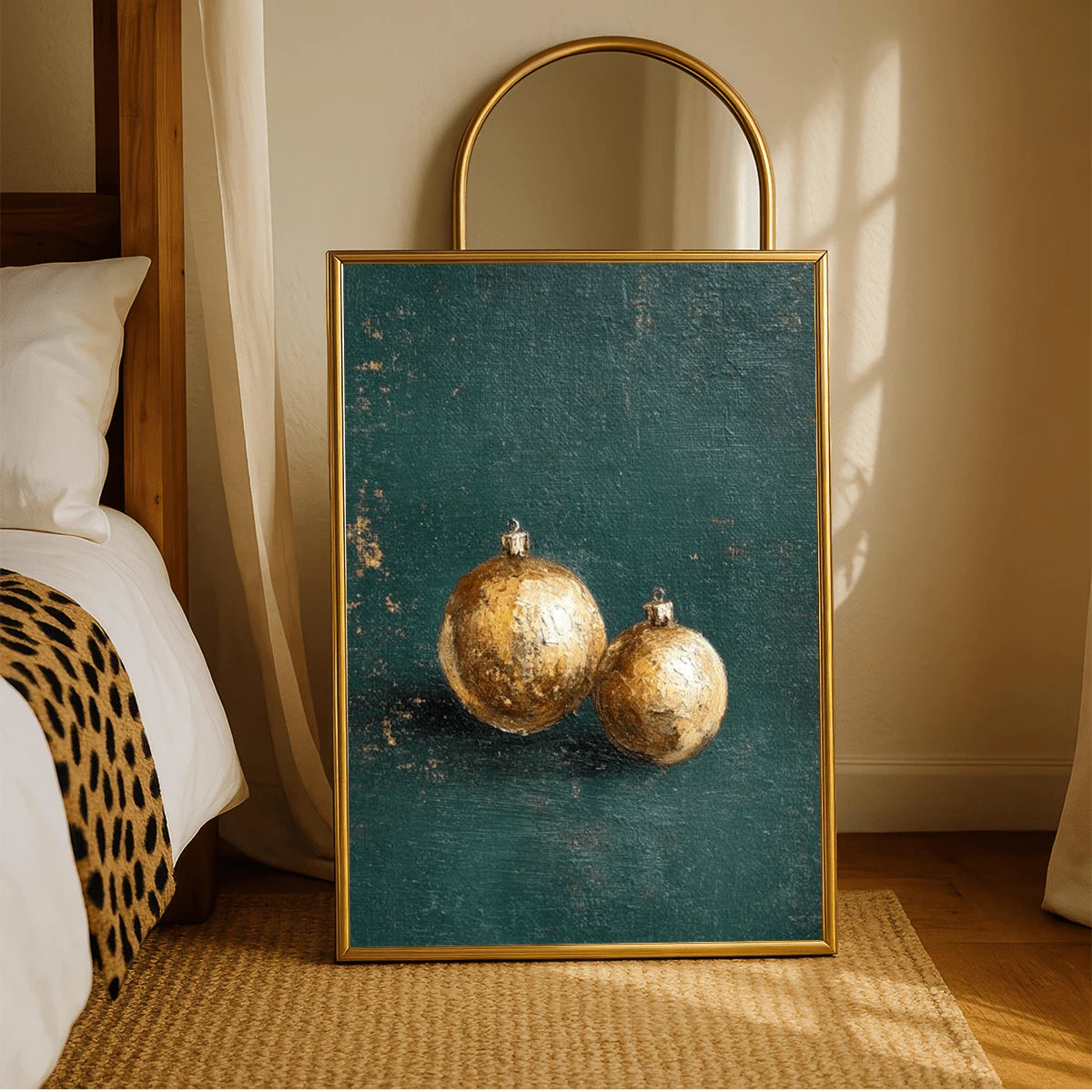 Gold bauble holiday canvas displayed beside a bed in a neutral bedroom