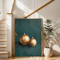 Teal and gold Christmas print placed on a bright stair landing beside a plant