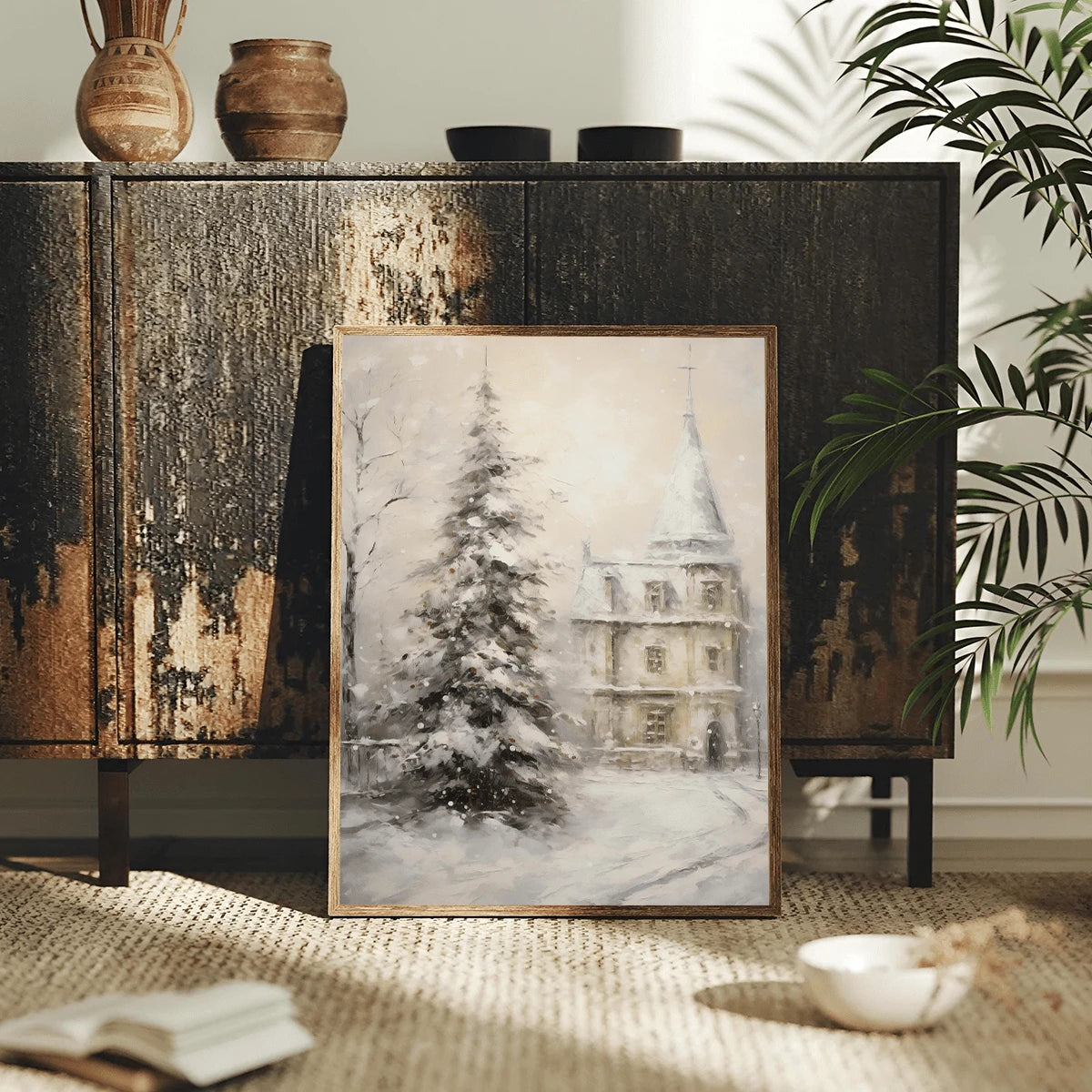 Vintage Winter Castle Snow Scene Christmas Canvas Poster