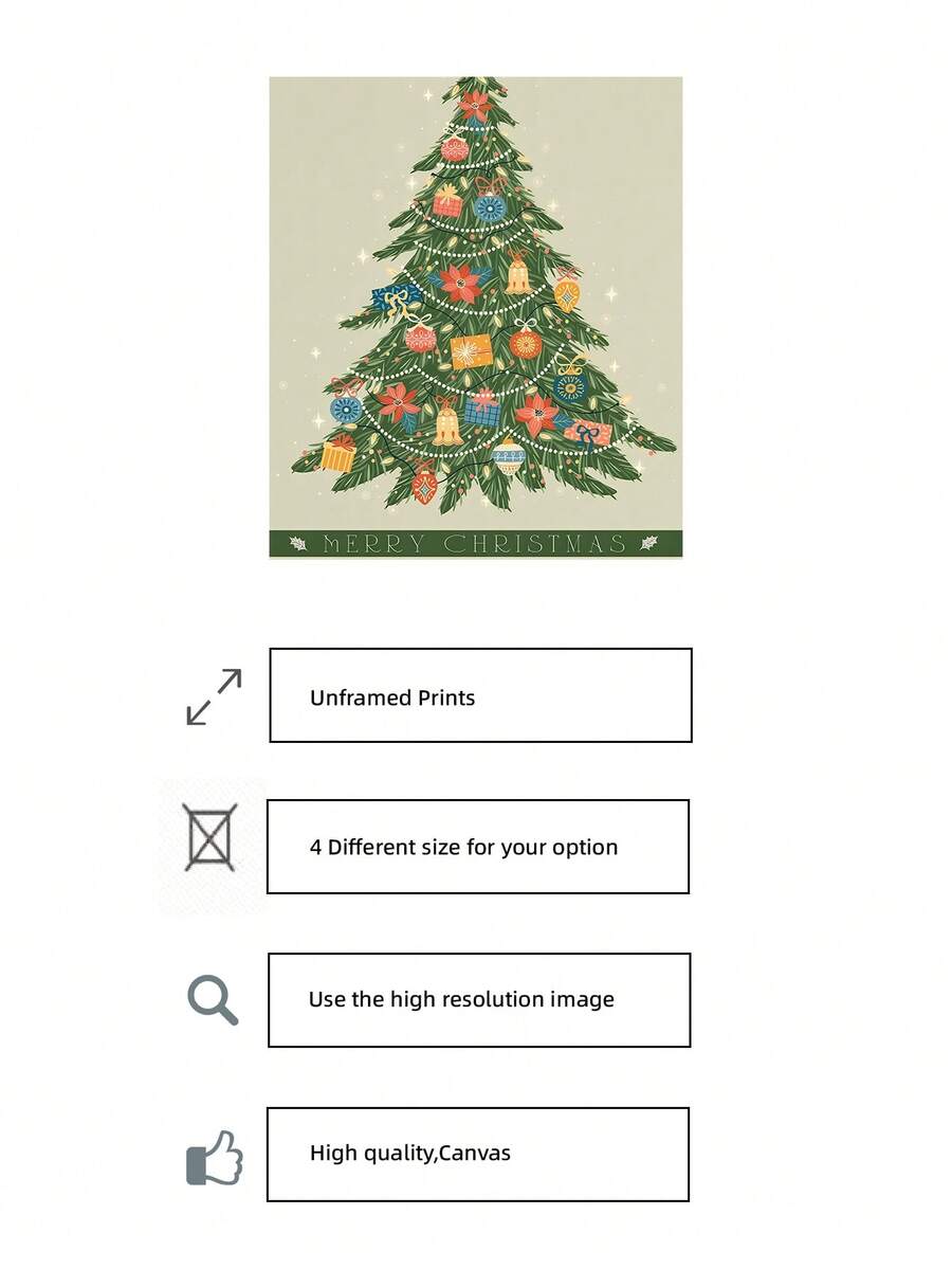 Unframed Christmas tree print size guide showing four size options