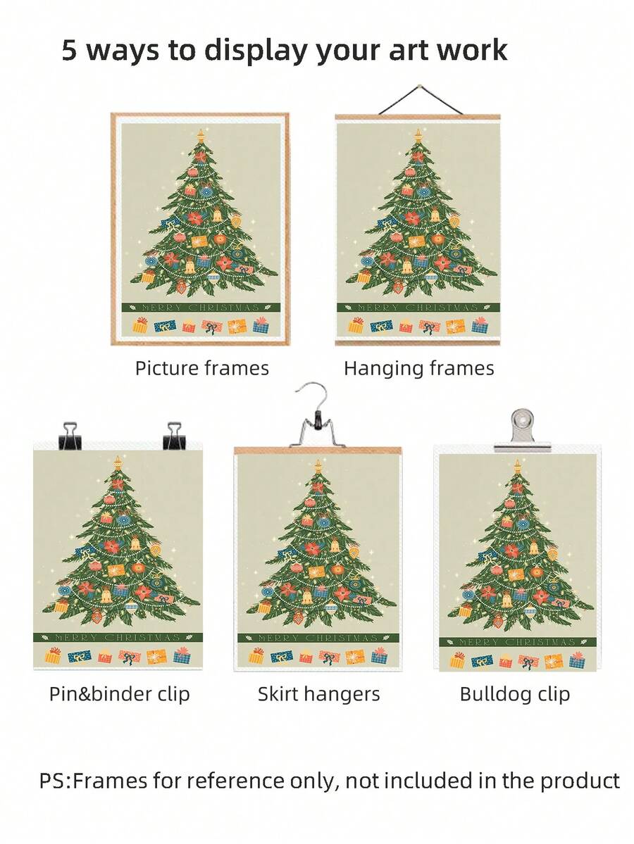 Five display methods for illustrated Christmas tree art; frame examples not included