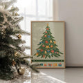 Framed illustrated evergreen print with colorful baubles and gift boxes