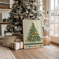 Christmas tree canvas displayed beside a decorated evergreen and ornaments