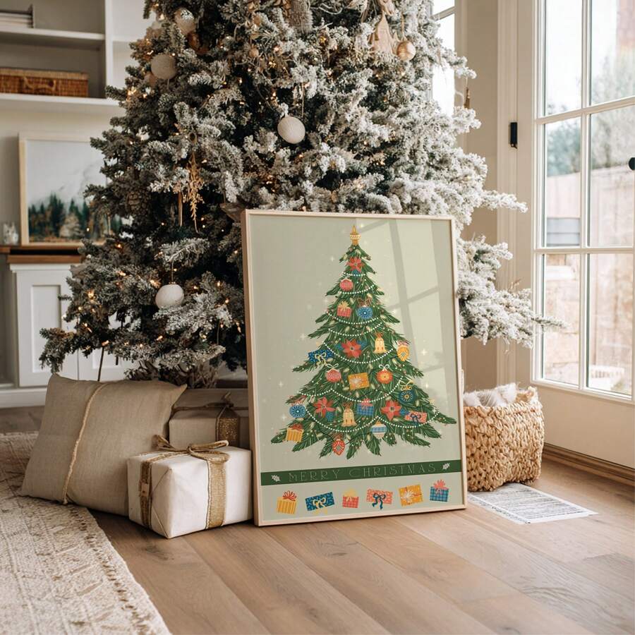 Christmas tree canvas displayed beside a decorated evergreen and ornaments