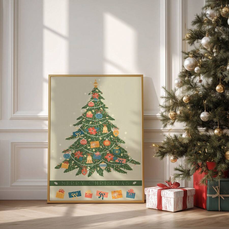 Vintage holiday tree poster styled near a Christmas tree and wrapped gifts