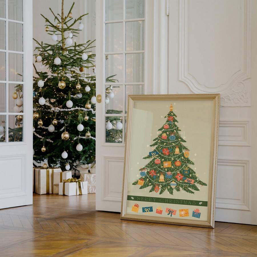 Christmas wall art shown in a bright room beside seasonal decor