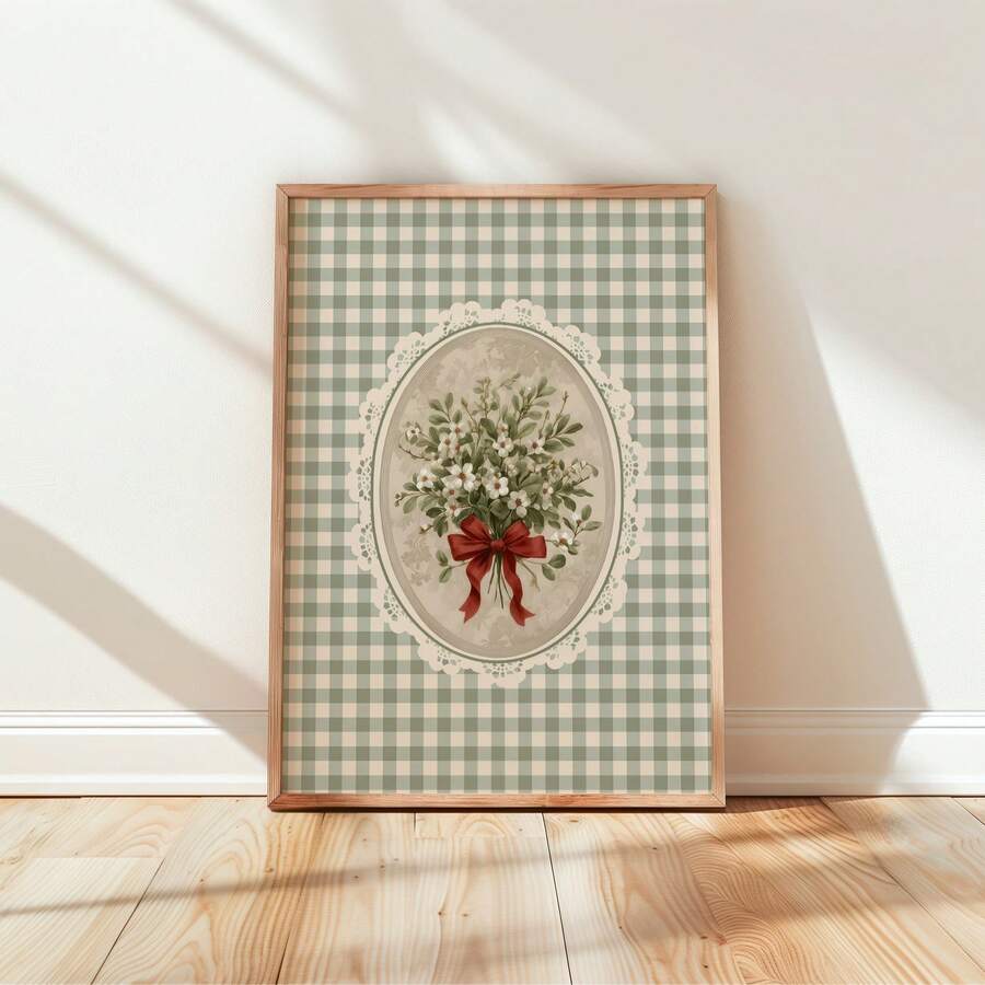 Vintage Christmas Botanical Plaid Floral Farmhouse Canvas Poster 