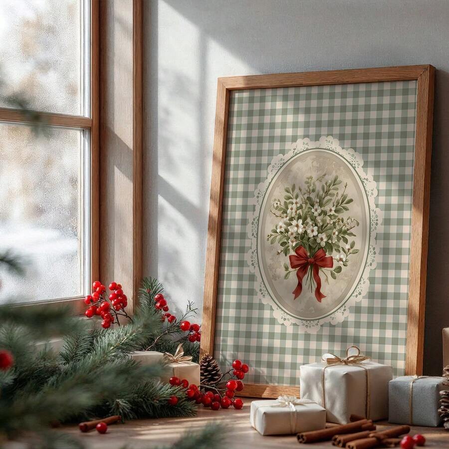 Add cozy holiday charm with a vintage Christmas botanical floral Canvas Poster, perfect for farmhouse interiors, plaid accents, and festive walls.