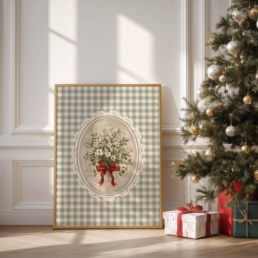 Vintage Christmas Botanical Plaid Floral Farmhouse Canvas Poster 