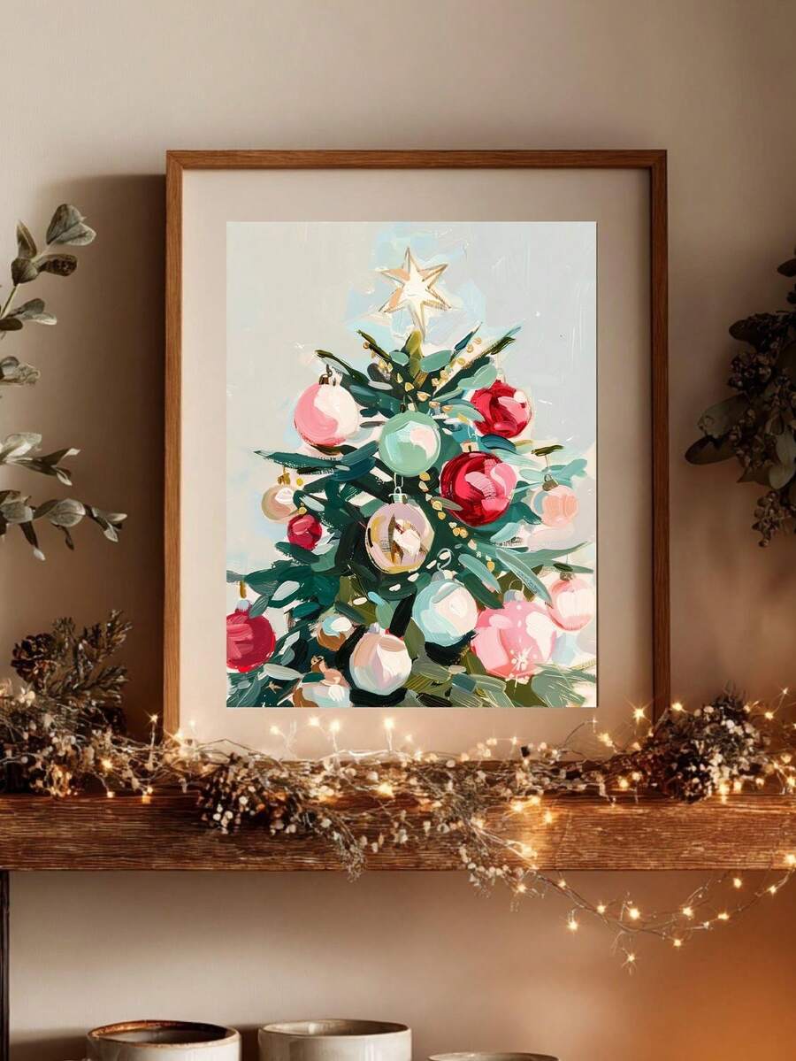 Painterly evergreen Christmas tree decorated with red, pink and mint ornaments and a bright star