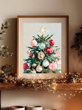 Christmas tree canvas in a wood frame styled with festive lights and greenery