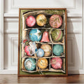 Framed Christmas ornament artwork against a bright paneled wall