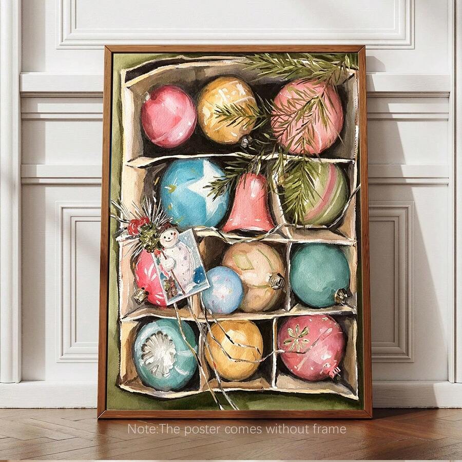 Framed Christmas ornament artwork against a bright paneled wall