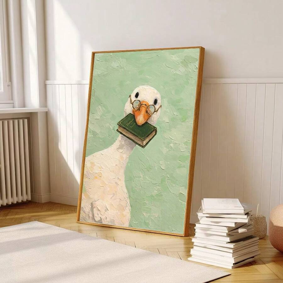 Goose reader canvas in a light wood frame against a paneled neutral wall