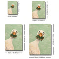 Size guide showing the goose reading a small green book at several canvas dimensions