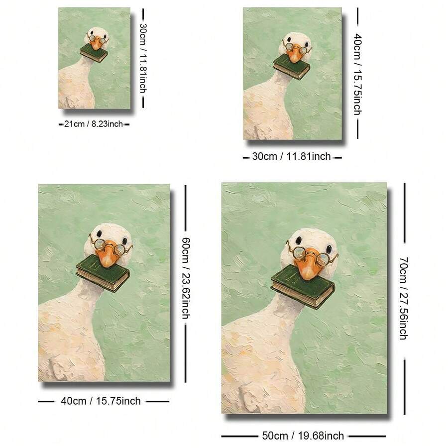 Size guide showing the goose reading a small green book at several canvas dimensions