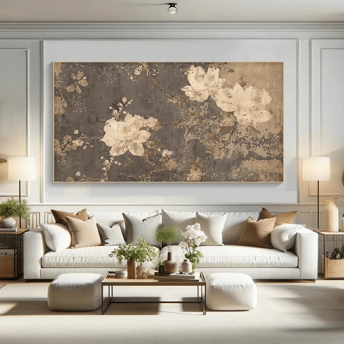 Japanese Nordic Wabi-Sabi Neutral Earth Tone Peony Branch Canvas Poster
