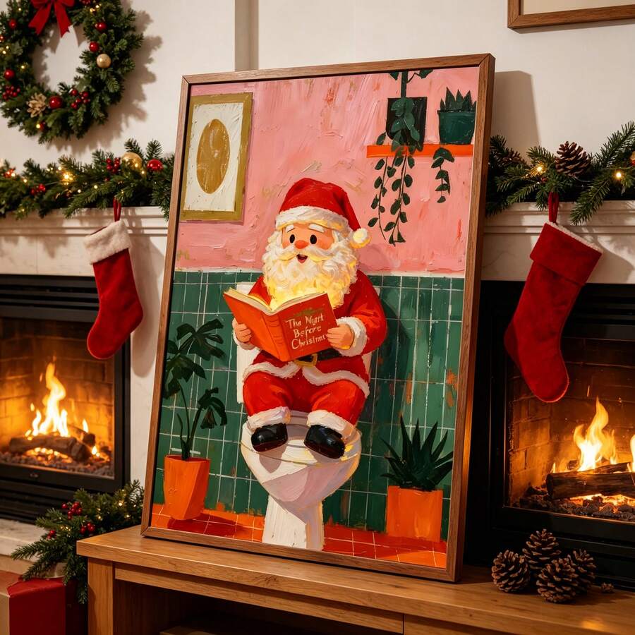 Whimsical Funny Santa Reading in Bathroom Christmas Canvas Poster
