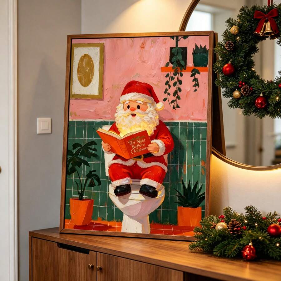Whimsical Funny Santa Reading in Bathroom Christmas Canvas Poster