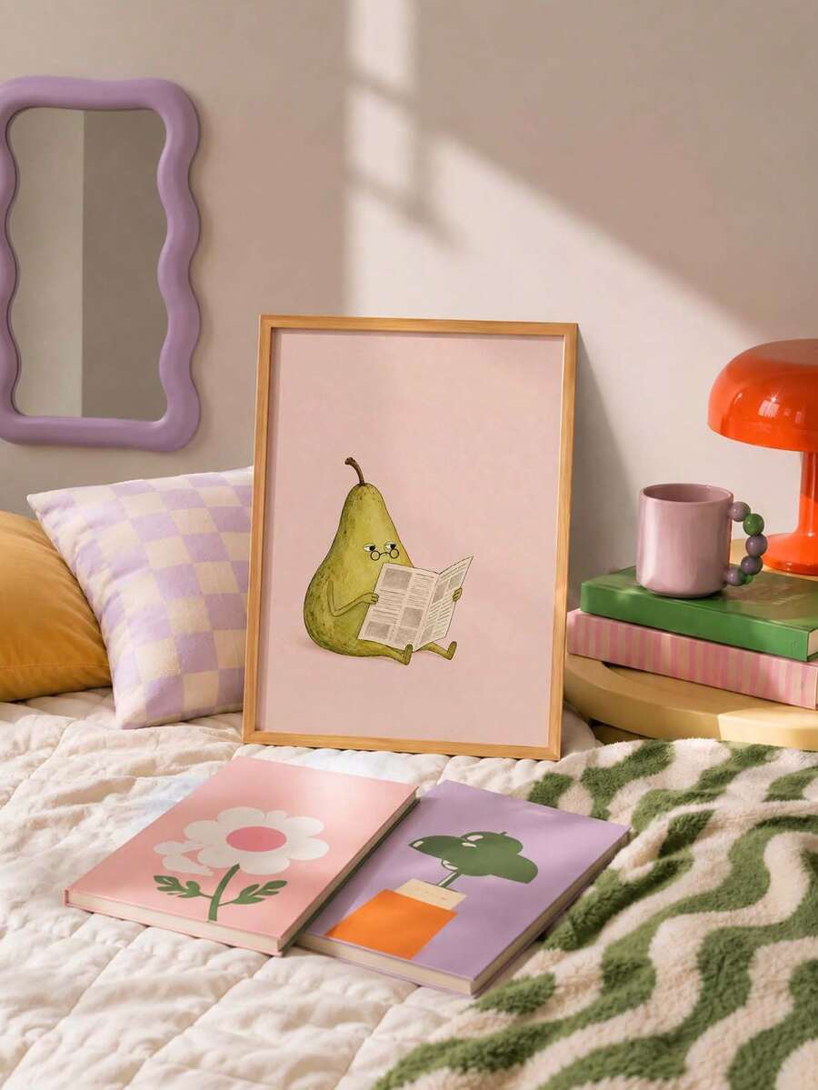 1-2Pcs Cute Cartoon Fruit Whimsical Reading Pear & Banana Illustration Canvas Poster 