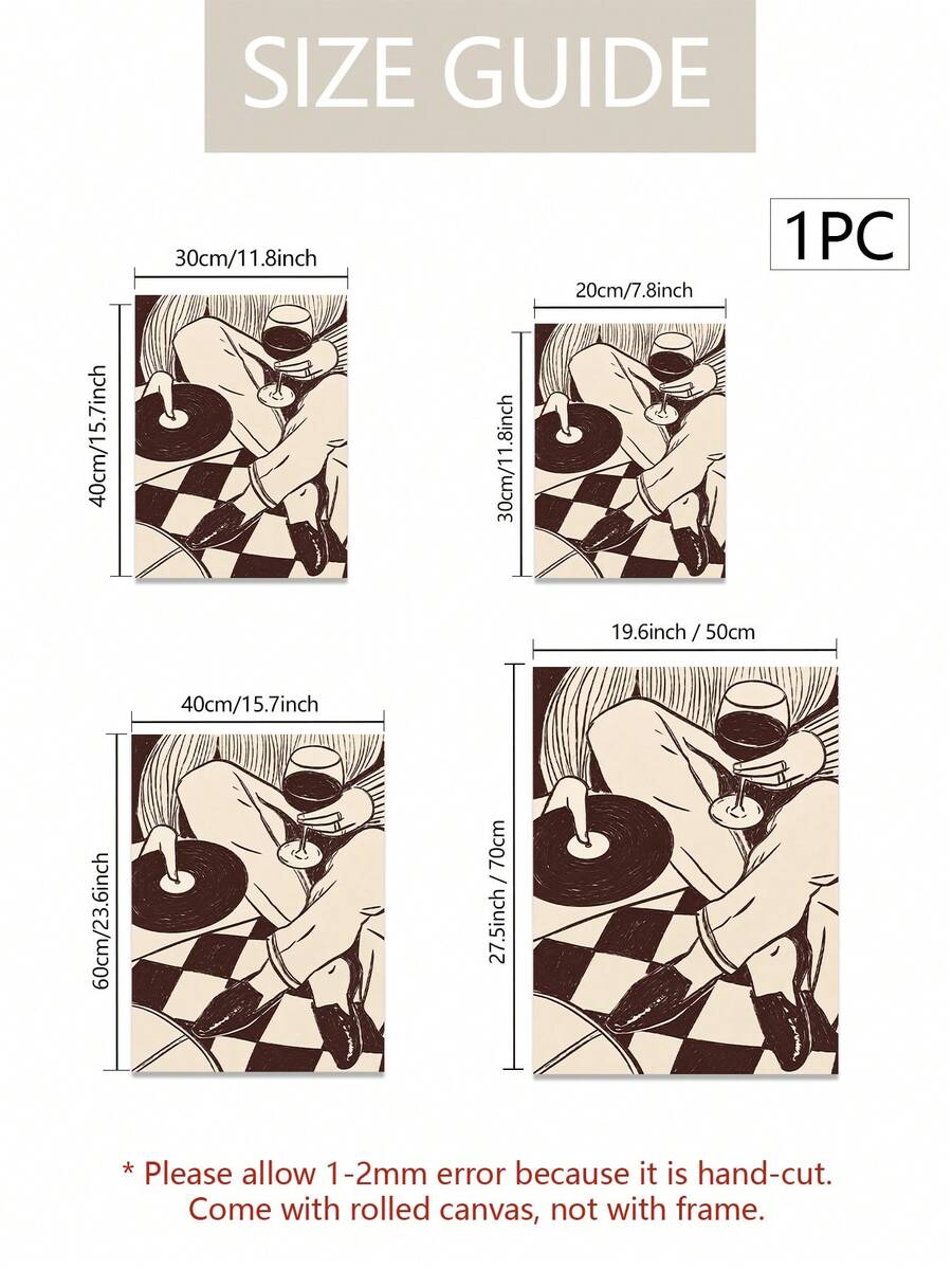 Retro Line Art Woman with Vinyl Record & Red Wine Checkerboard Canvas Poster 