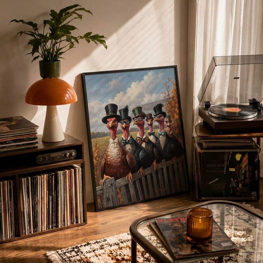 Funny Victorian Dapper Gentleman Turkey Family Portrait Thanksgiving Canvas Poster 