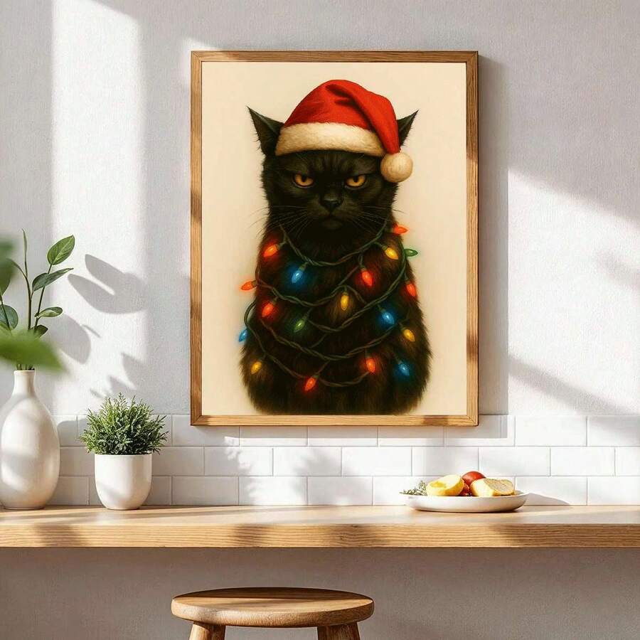 Black Cat Christmas Holiday Flat Style Canvas Poster