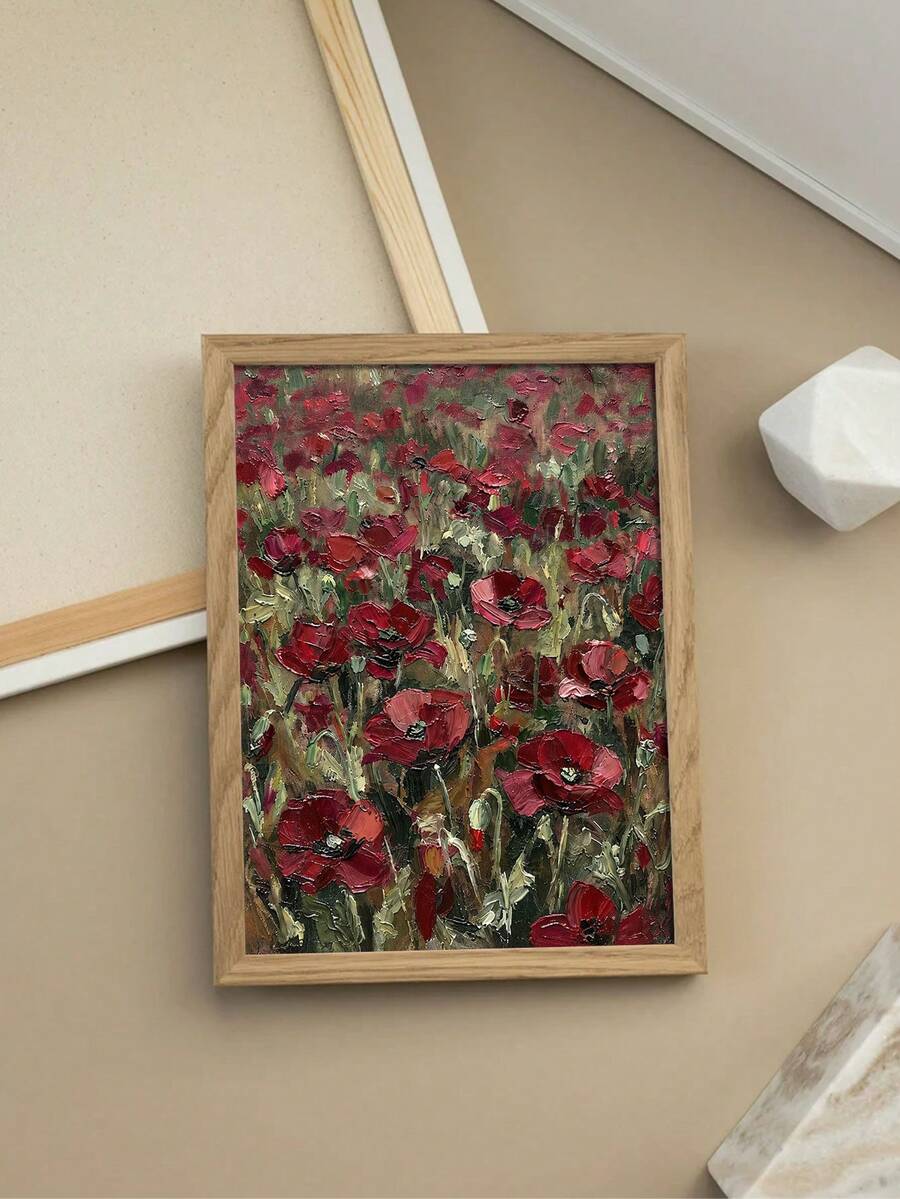 Vintage Red Floral Field Textured Oil Painting Canvas Poster 