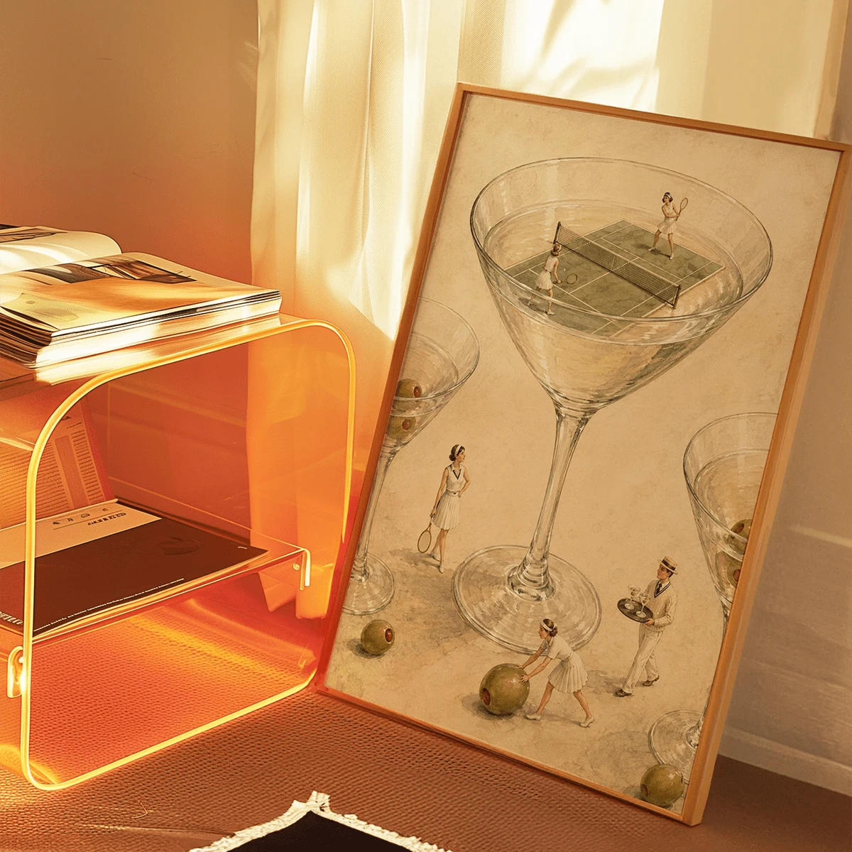 Tennis court inside a martini glass canvas leaning beside an orange-lit console and books