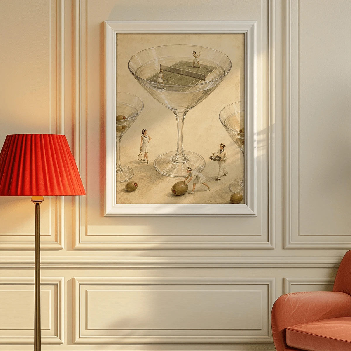 Vintage-style tennis and cocktail wall art in a white frame above a coral chair