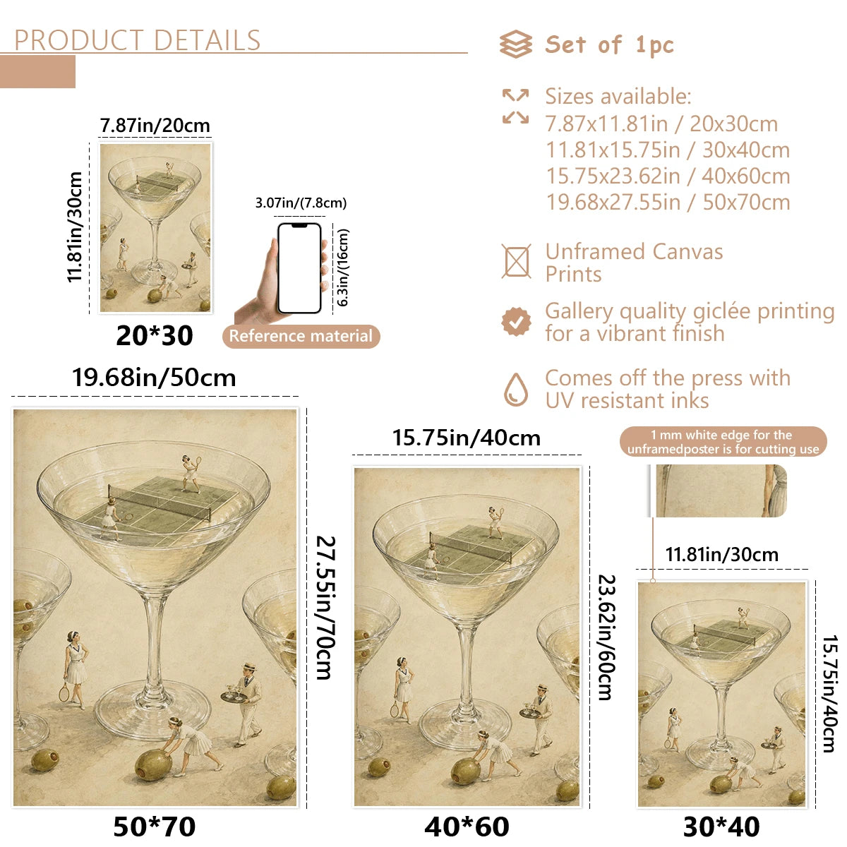 Canvas size guide showing four portrait print sizes and unframed canvas specifications