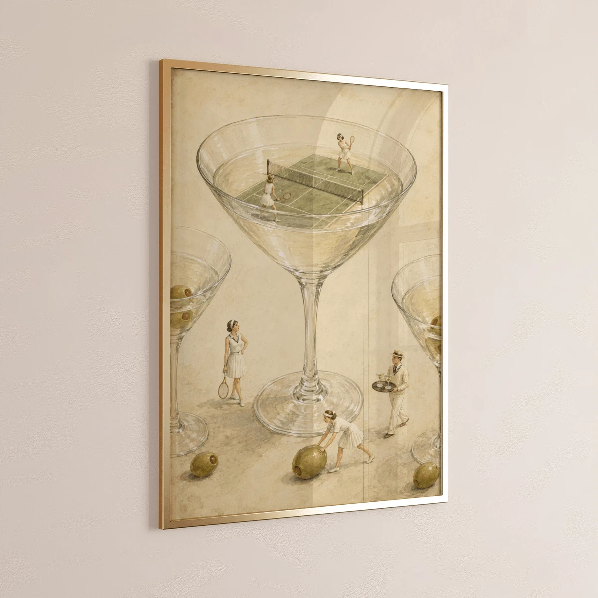 Gold-framed surreal tennis poster hanging in a bright room with blue-and-white checkerboard floor