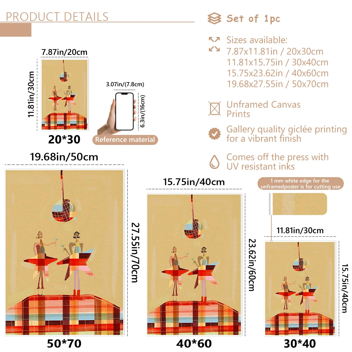 Size guide for the star girl canvas poster showing four print dimensions