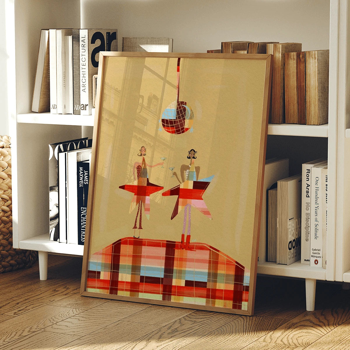 Vintage star girl illustration with red plaid floor displayed beside bookshelves