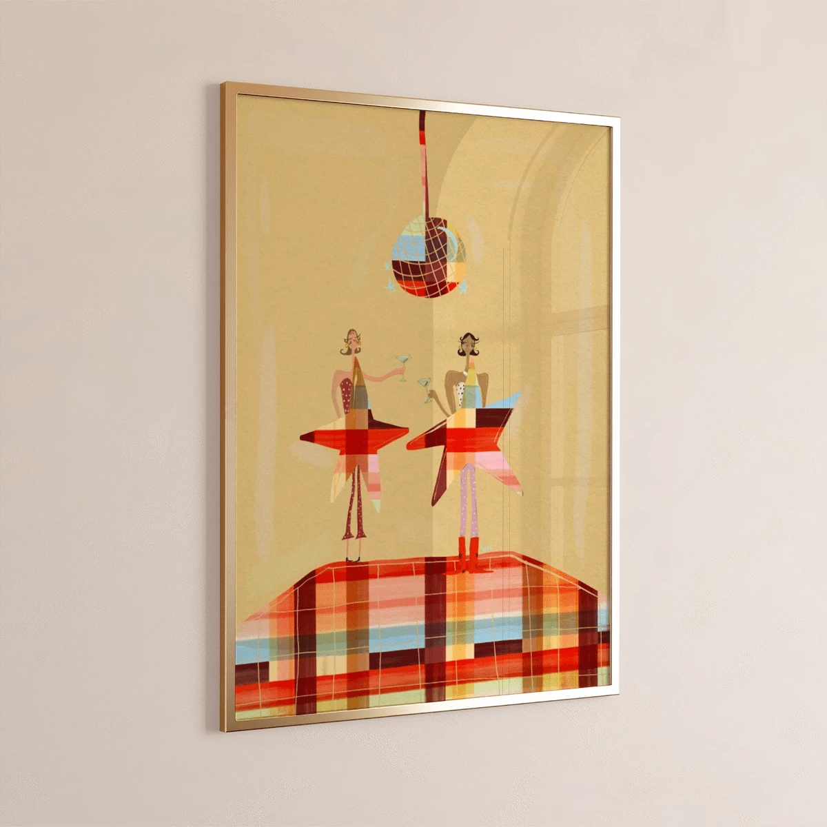 Golden retro poster showing two figures in red stars, pictured in a slim frame