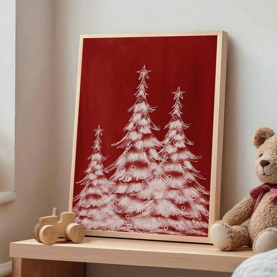 Vintage Red Background White Christmas Tree Winter Canvas Poster 