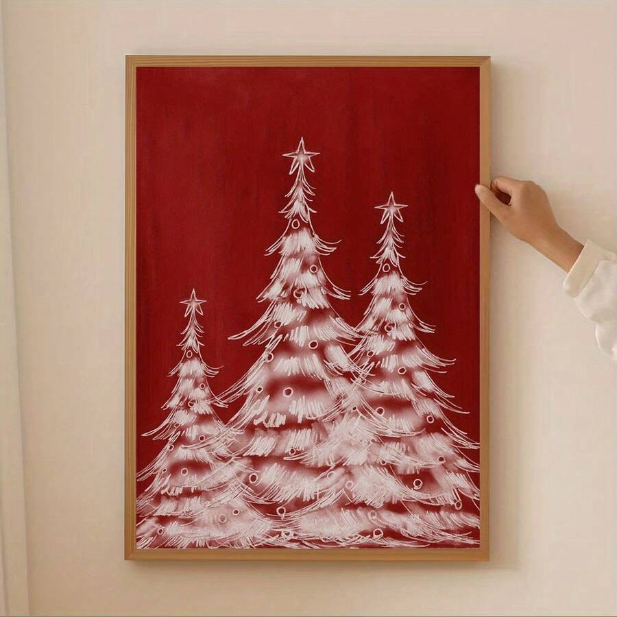 Vintage Red Background White Christmas Tree Winter Canvas Poster 