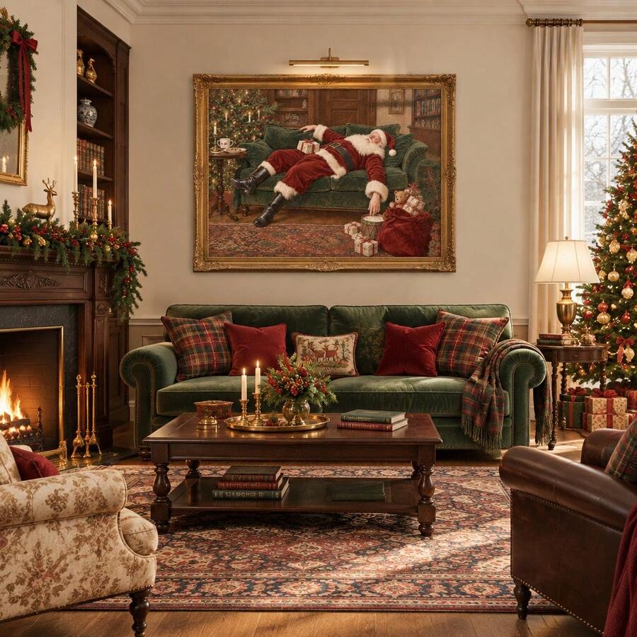 Framed sleeping Santa canvas above a leather sofa in a cozy Christmas living room