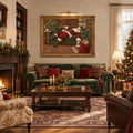 Sleeping Santa poster displayed over a green sofa in a festive room with a fireplace and tree
