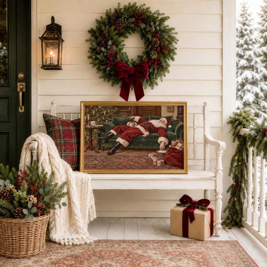 Framed Santa canvas displayed on a decorated porch with wreath and wrapped present