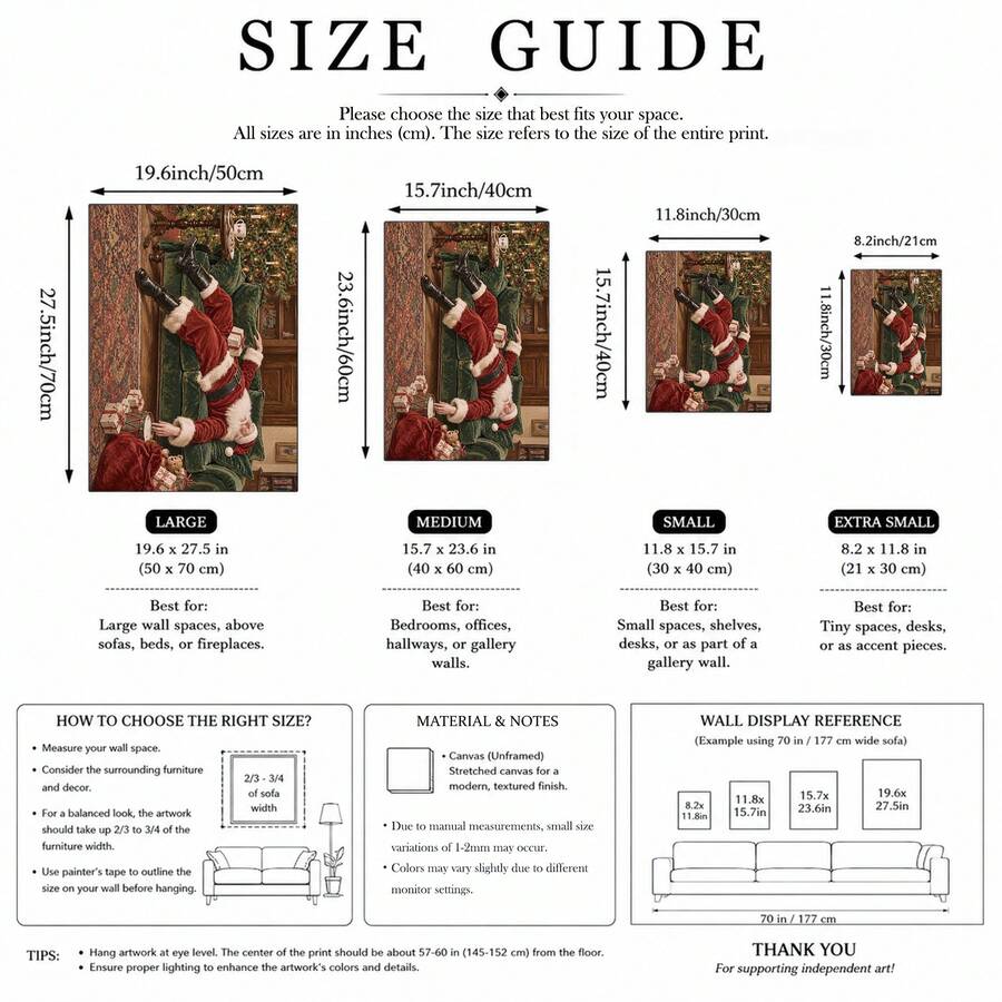 Canvas size guide comparing four dimensions of the sleeping Santa Christmas artwork