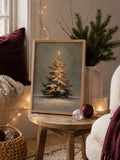 Vintage Snowy Christmas Tree Warm Lights Antique Oil Painting Canvas Poster