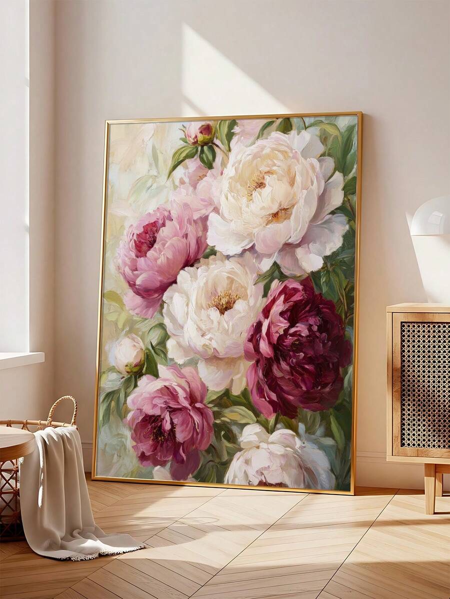 Vertical floral wall art featuring blush peonies, burgundy blooms, leafy stems, and painterly botanical texture