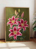 Large framed peony artwork styled in a bright room with warm wood, woven decor, and neutral furnishings