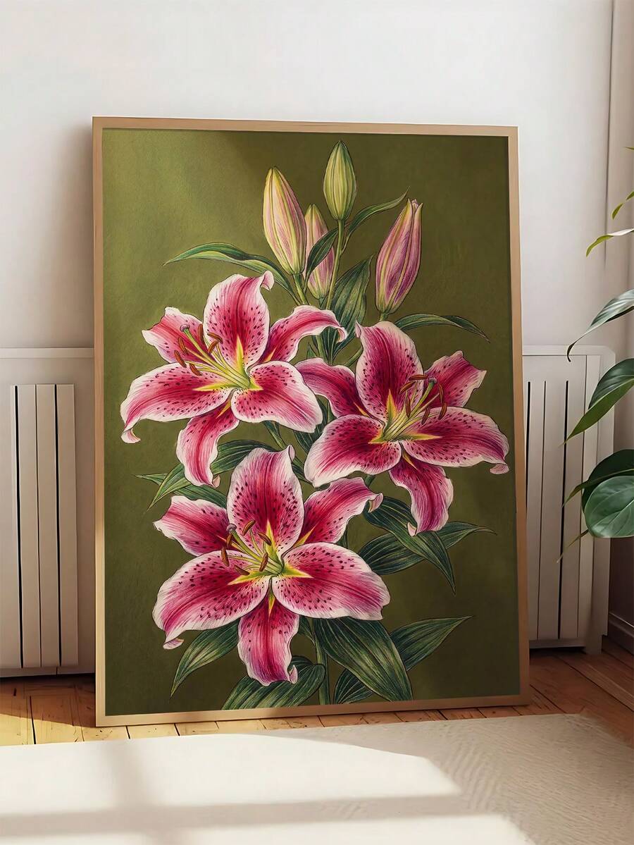 Large framed peony artwork styled in a bright room with warm wood, woven decor, and neutral furnishings